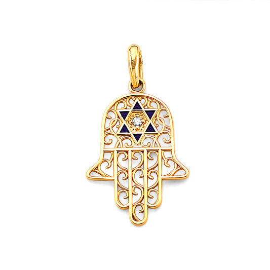 14K Yellow Gold Filigree Hamsa Hand Design Star of David CZ Pendant