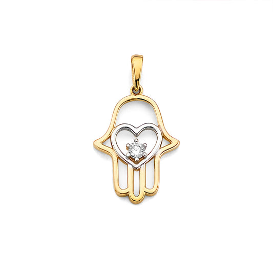 14K Two-Tone Gold Hamsa Hand Heart Design CZ Pendant