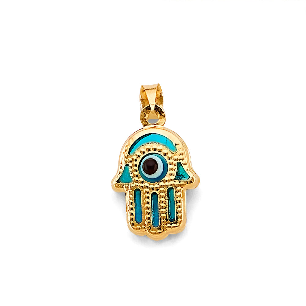 14K Yellow Gold Hamsa Evil Eye Enamel Pendant