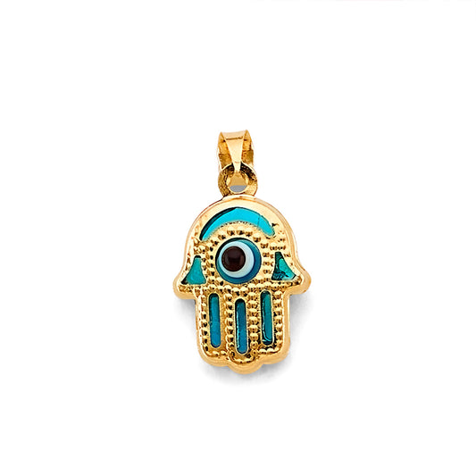 14K Yellow Gold Hamsa Evil Eye Enamel Pendant