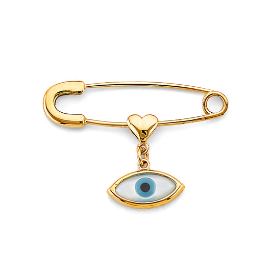 14K Yellow Gold Safety Pin Heart Evil Eye Design Brooch