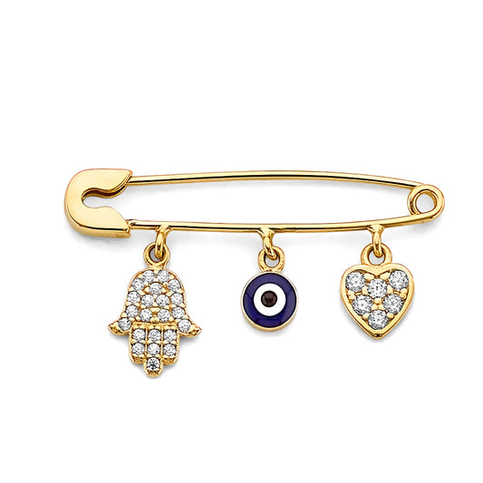 14K Yellow Gold Safety Pin Hamsa Evil Eye Heart Design CZ Brooch