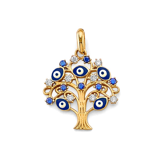 14K Yellow Gold Tree of Life Evil Eye Design CZ Pendant