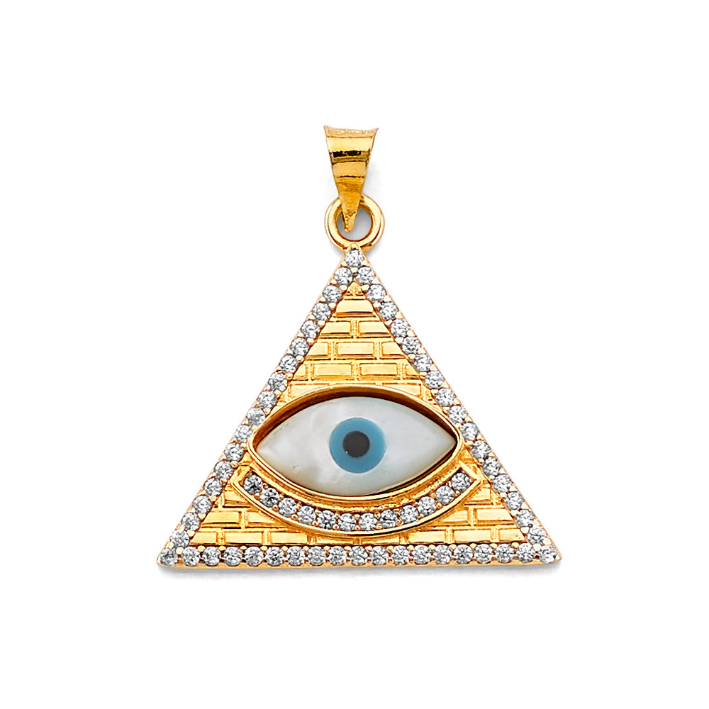 14K Yellow Gold Triangle Evil Eye Design CZ Pendant
