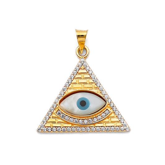 14K Yellow Gold Triangle Evil Eye Design CZ Pendant