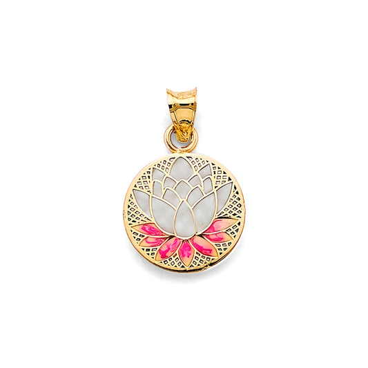 14K Yellow Gold Lotus Flower Enamel Design Pendant