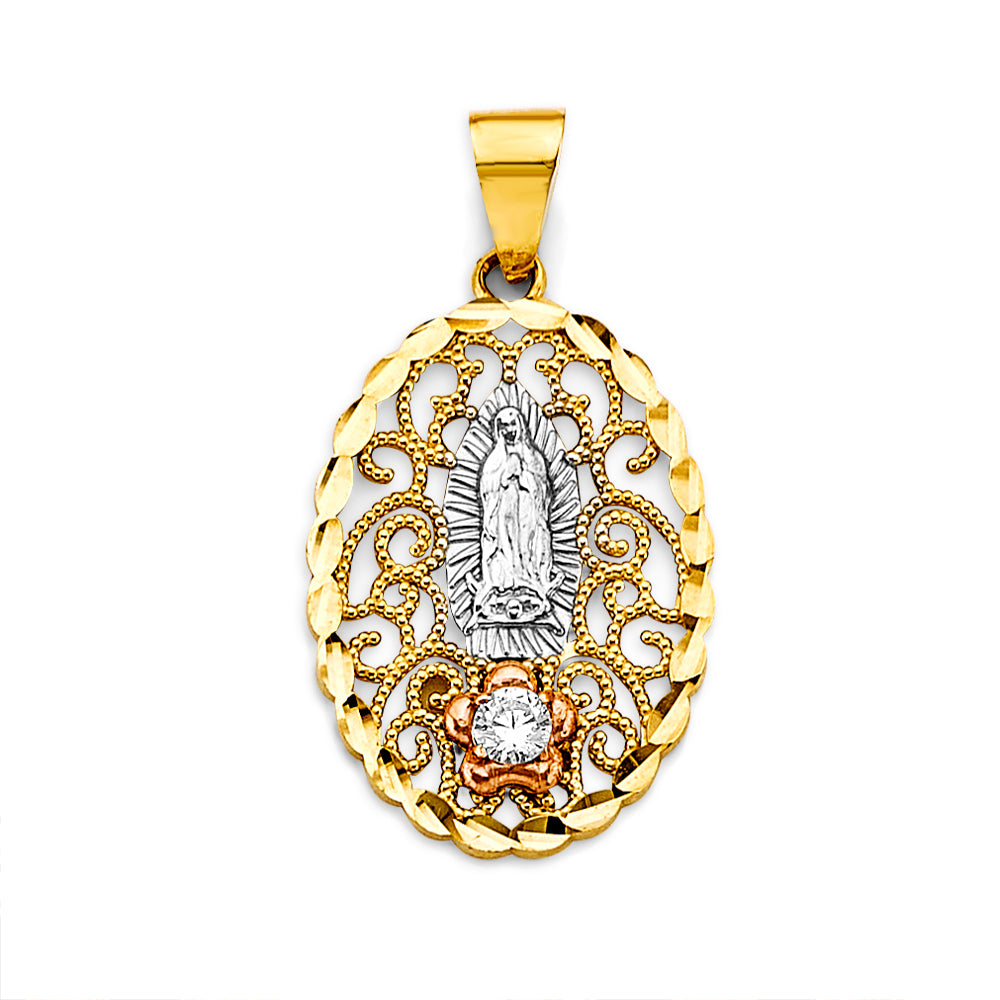 14K Tri-Color Gold Virgen de Guadalupe Filigree Pendant with CZ Accent