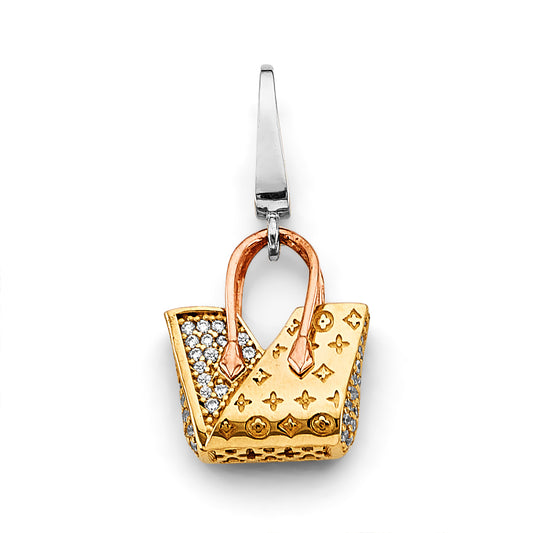 14K Tri-Color Gold CZ Designer Handbag Charm