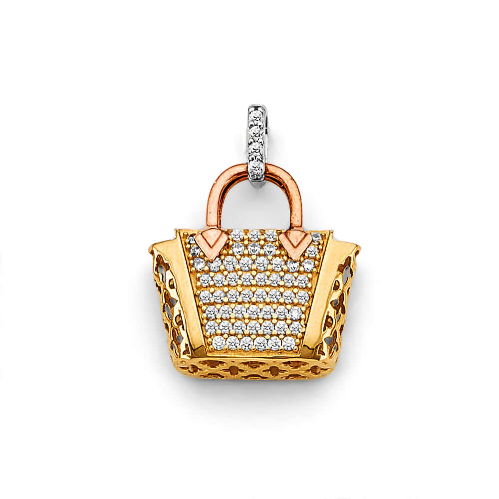 14K Tri-Color Gold Designer Handbag CZ Charm