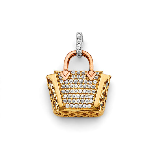 14K Tri-Color Gold Designer Handbag CZ Charm