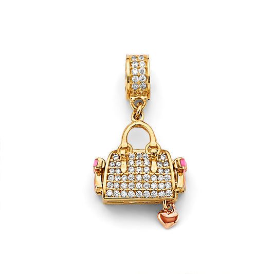 14K Yellow Gold Designer Handbag CZ Charm with Heart Dangle