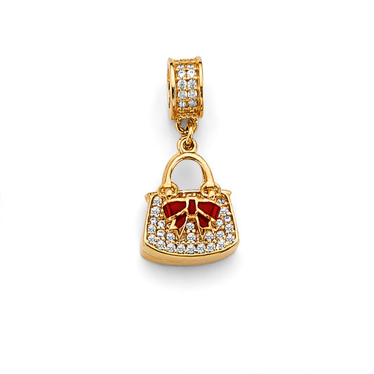 14K Yellow Gold Handbag Design CZ Charm with Red Enamel Bow