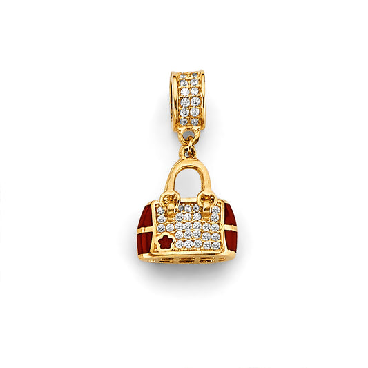 14K Yellow Gold Handbag Design CZ Charm with Red Enamel Accents