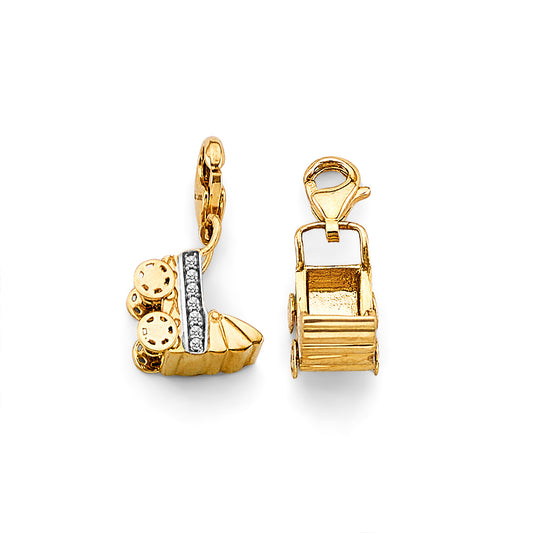 14K Yellow Gold Double Sided / Reversible Baby Stroller Charm with CZ