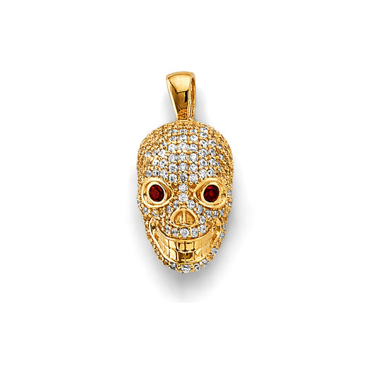 14K Yellow Gold CZ Skull Charm with Synthetic Red Ruby CZ Eyes