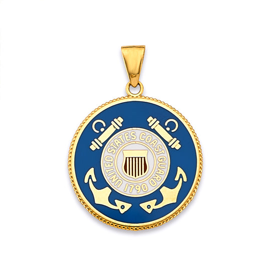 14K Yellow Gold United States Coast Guard Enamel Medallion Pendant