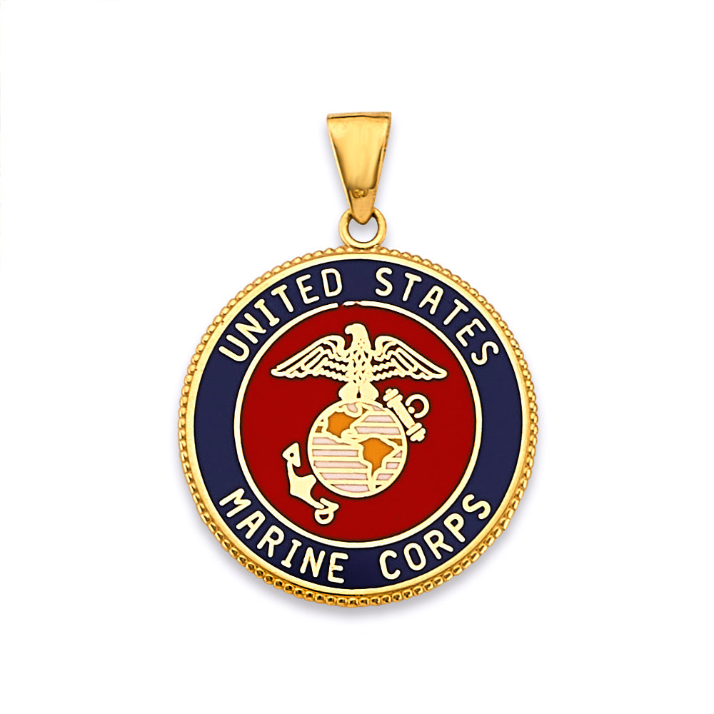 14K Yellow Gold United States Marine Corps Enamel Medallion Pendant