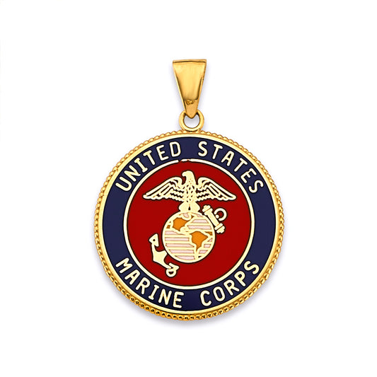 14K Yellow Gold United States Marine Corps Enamel Medallion Pendant
