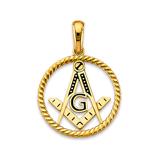 14K Yellow Gold Masonic Square and Compass Rope Frame Pendant