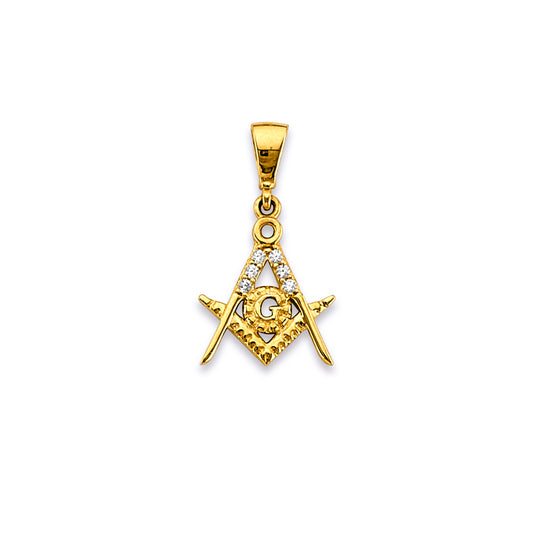 14K Yellow Gold Masonic Square & Compass CZ Pendant