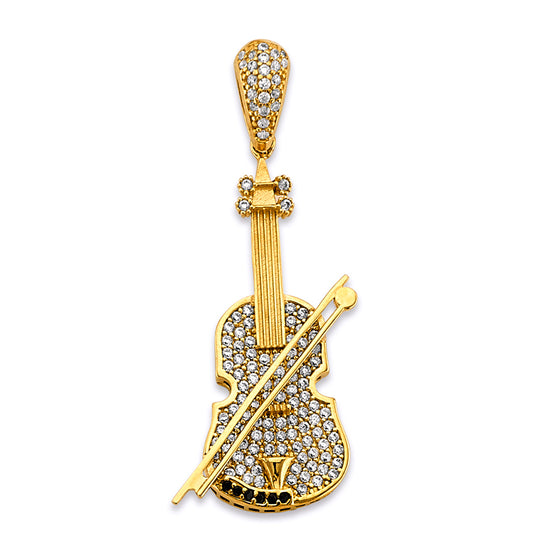 14K Yellow Gold Guitar Musical Instrument CZ Pendant