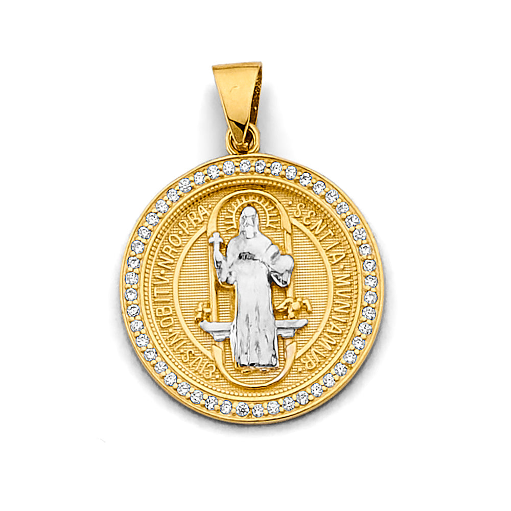 14K Two-Tone Gold Saint Benedict Round Medal CZ Pendant aprox 1 1/4" tall