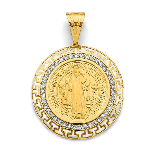 14K Yellow Gold Saint Benedict Round Greek Key CZ Medallion Pendant aprox 2" tall