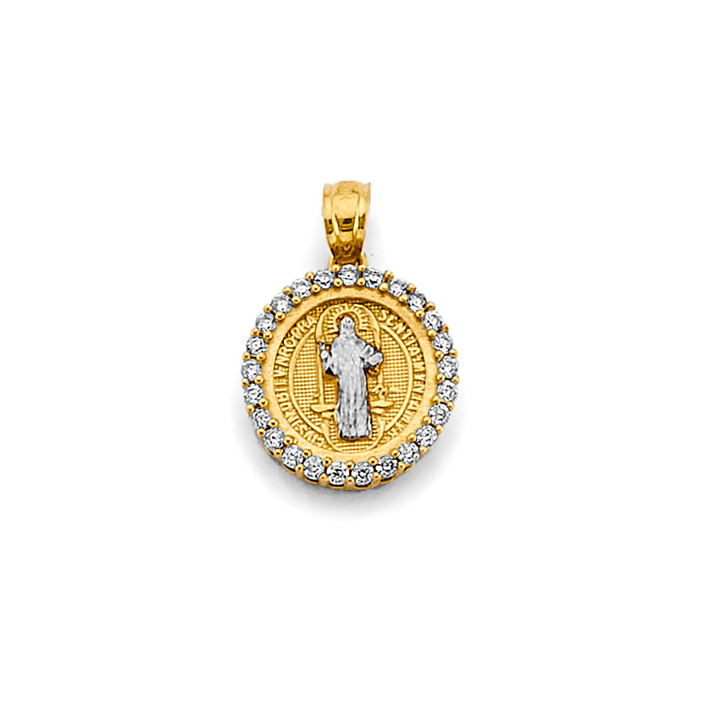 14K Two-Tone Gold Saint Benedict Round CZ Medal Pendant aprox 3/4" tall
