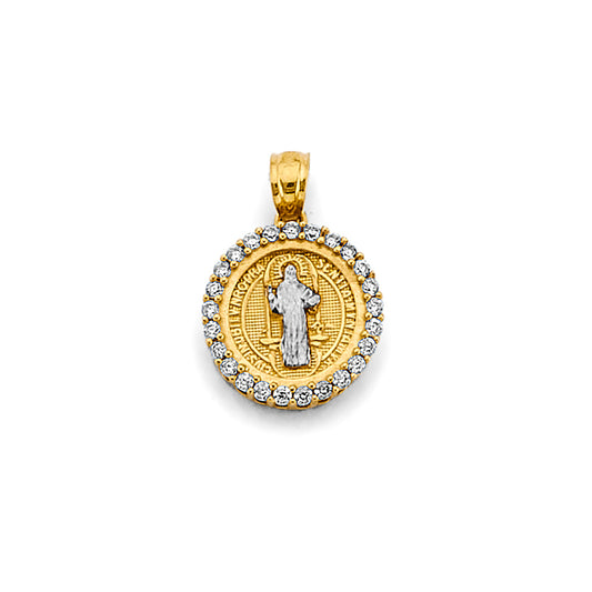 14K Two-Tone Gold Saint Benedict Round CZ Medal Pendant aprox 3/4" tall