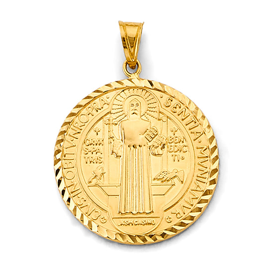 14K Yellow Gold Saint Benedict Round Diamond-Cut Medallion Pendant aprox 1 1/2" tall