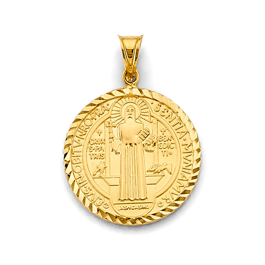 14K Yellow Gold Saint Benedict Round Diamond-Cut Medallion Pendant aprox 1 1/4" tall
