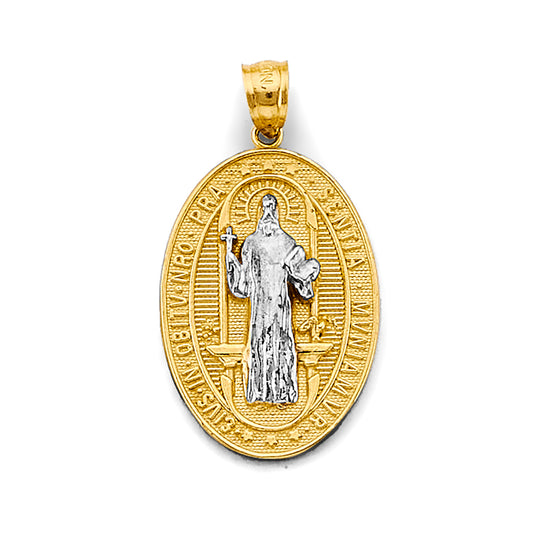 14K Two-Tone Gold Saint Benedict Oval Medal Pendant aprox 3/4" tall