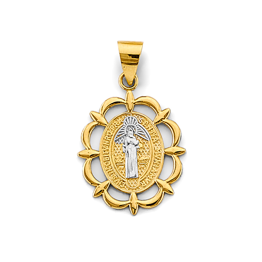 14K Two-Tone Gold Saint Benedict Floral Frame Medal Pendant aprox 1" tall