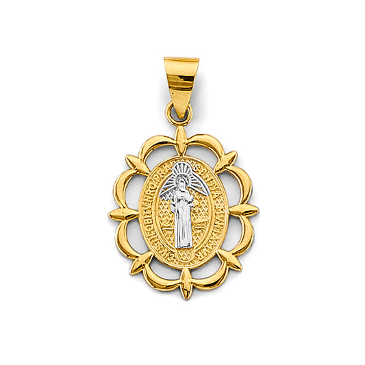 14K Two-Tone Gold Saint Benedict Floral Frame Medal Pendant aprox 1" tall