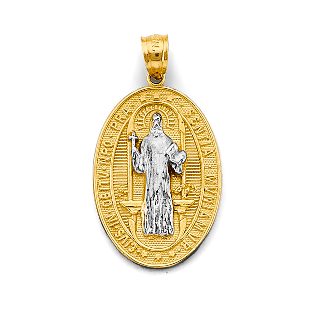 14K Two-Tone Gold Saint Benedict Oval Medal Pendant aprox 1 1/4" tall