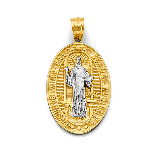 14K Two-Tone Gold Saint Benedict Oval Medal Pendant aprox 1 1/4" tall