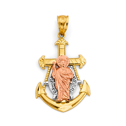 14K Tri-Color Gold Anchor Saint Jude Pendant 1.3" Tall