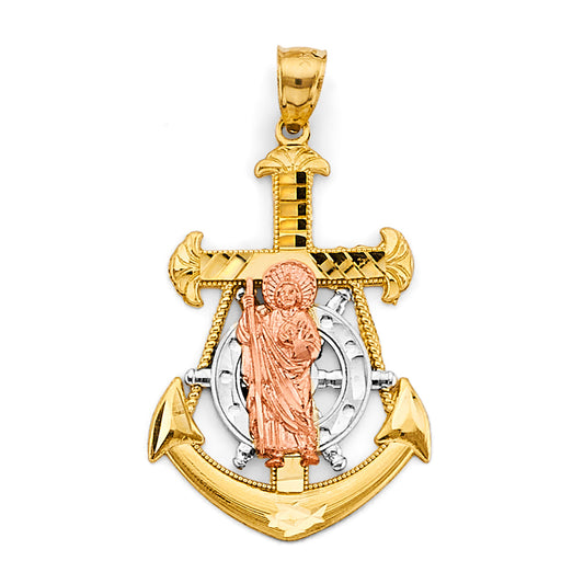 14K Tri-Color Gold Anchor Saint Jude Pendant 1.8" Tall