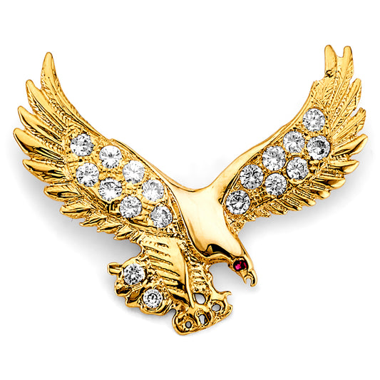 14K Yellow Gold Eagle Design Pendant with Multicolor CZ Stones 1.6" Tall