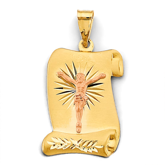 14K Two-Tone Crucifix Scroll Pendant