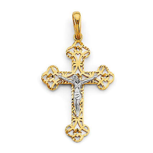 14K Yellow Gold Filigree Crucifix Pendant with White Gold Christ  aprox 1 1/2" tall