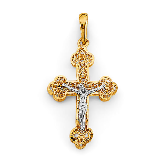 14K Yellow Gold Filigree Crucifix Pendant with White Gold Christ  aprox 1 1/2" tall