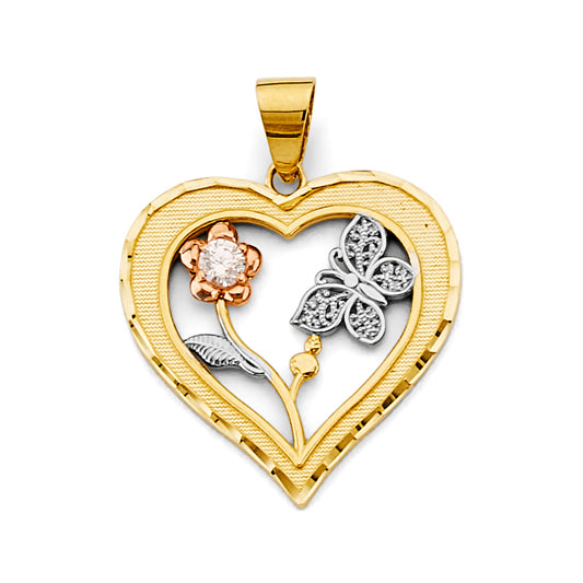 14K Tri-Color Gold Heart with Butterfly & Flower CZ Pendant