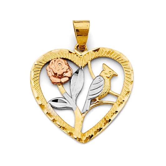 14K Tri-Color Gold Heart with Bird & Flower Pendant