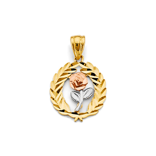 14K Tri-Color Gold Rose & Leaf Wreath Pendant