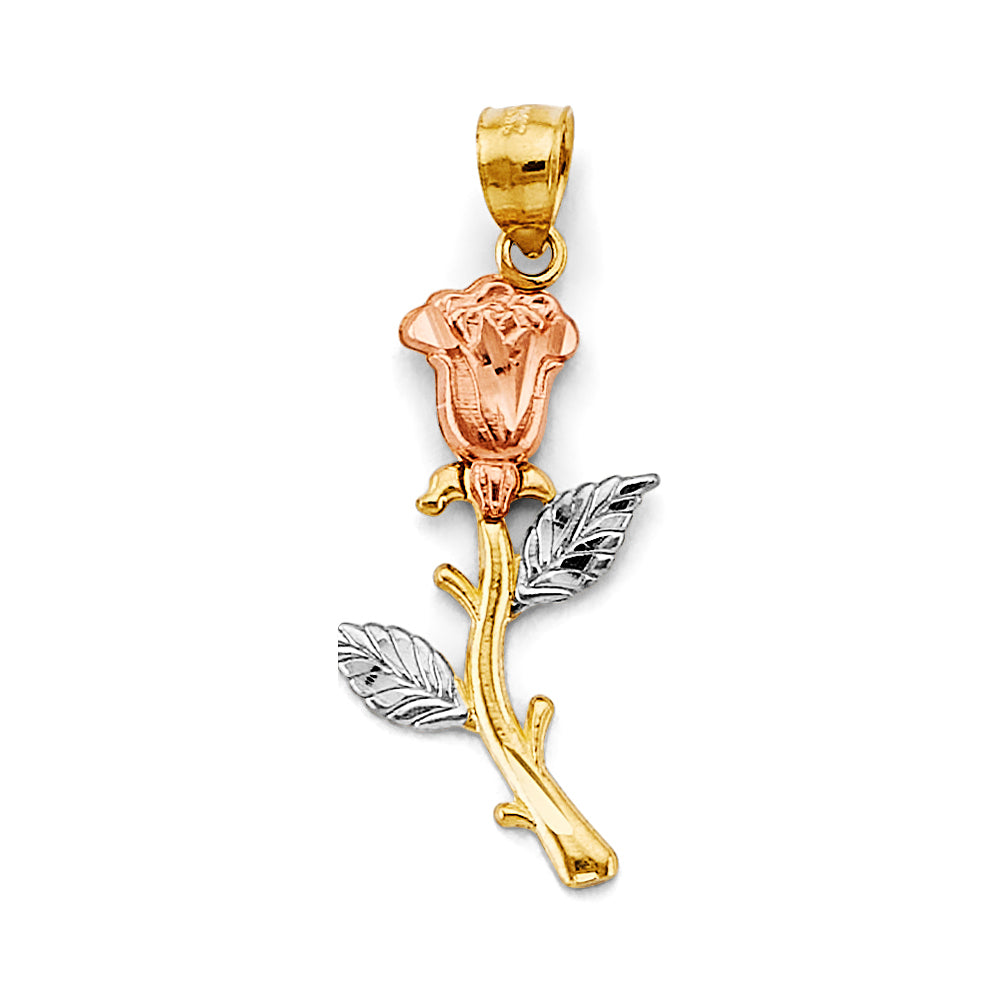 14K Tri-Color Gold Long Stem Rose Pendant