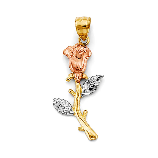 14K Tri-Color Gold Long Stem Rose Pendant