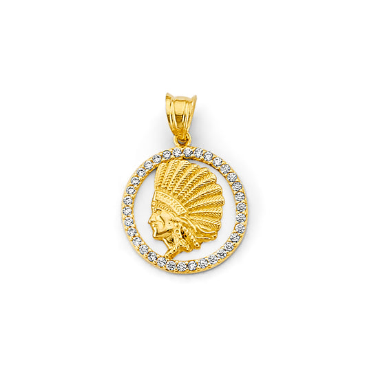 14K Yellow Gold Indian Chief CZ Medallion Pendant 0.8" Tall