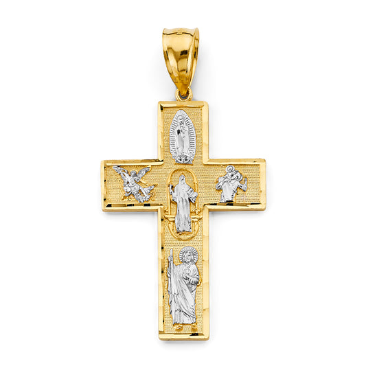 14K Two-Tone Gold Multi-Saint Guadalupe Cross Pendant aprox 2 3/4" tall