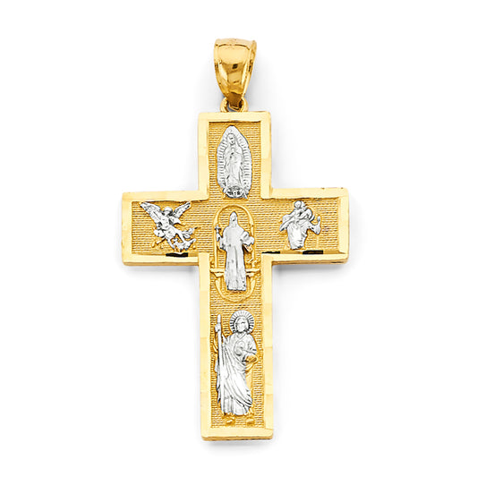 14K Two-Tone Gold Multi-Saint Guadalupe Cross Pendant aprox 1 3/4" tall